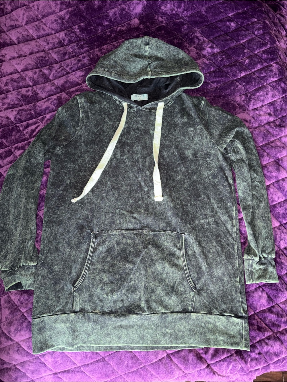 Zenana Washed Green Hooded Pullover with Cream Drawcords